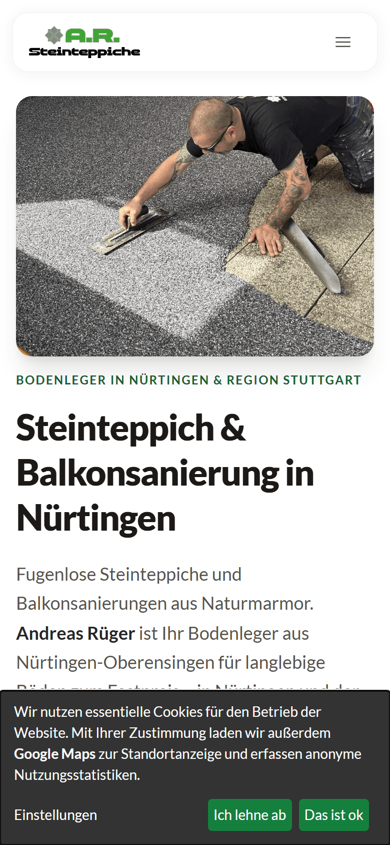 AR Bodenbeläge und Steinteppiche Website auf dem iPhone