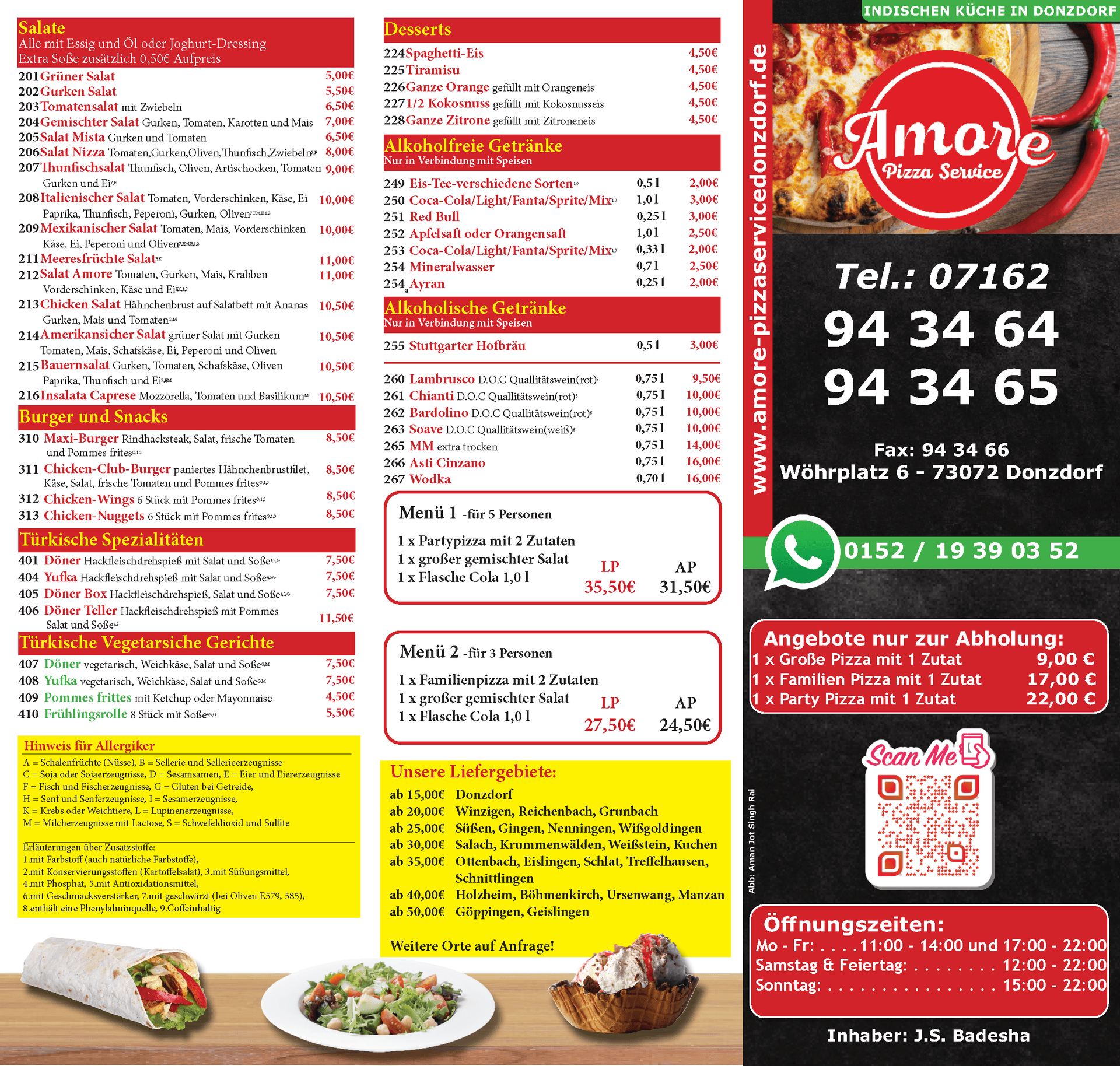 Amore Pizza A3 Speisekarte 2024 Rückseite