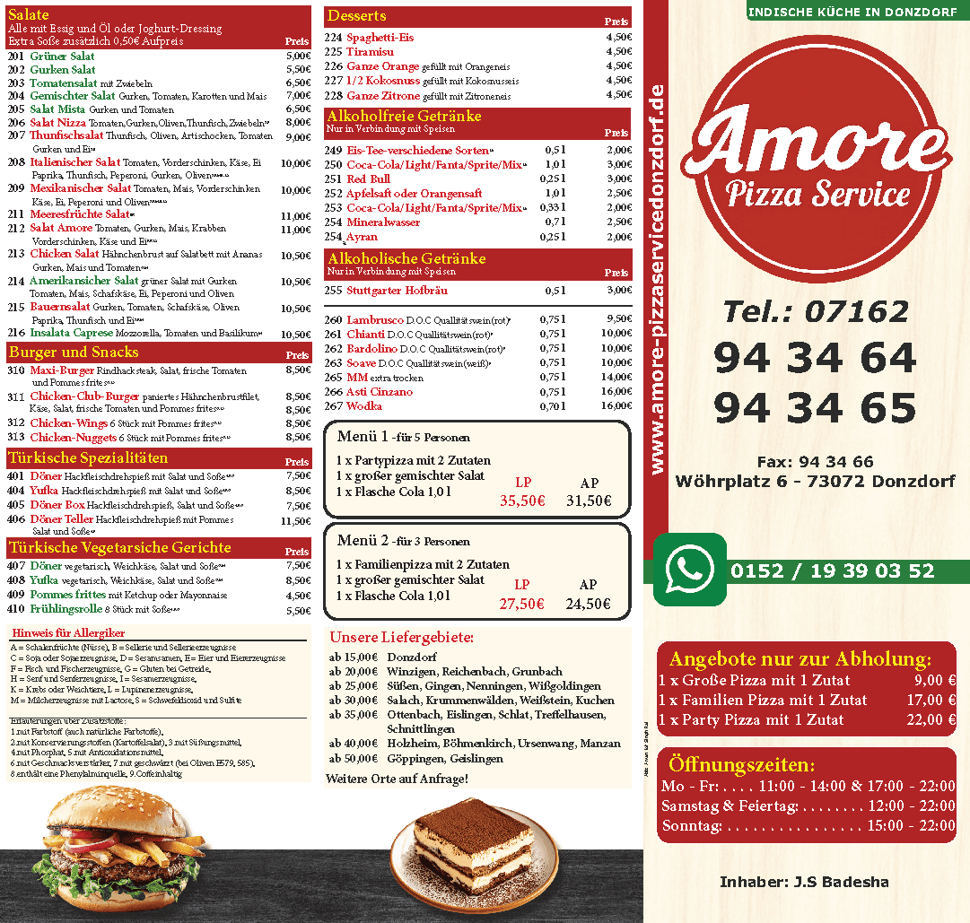 Amore Pizza A3 Speisekarte 2025 Rückseite