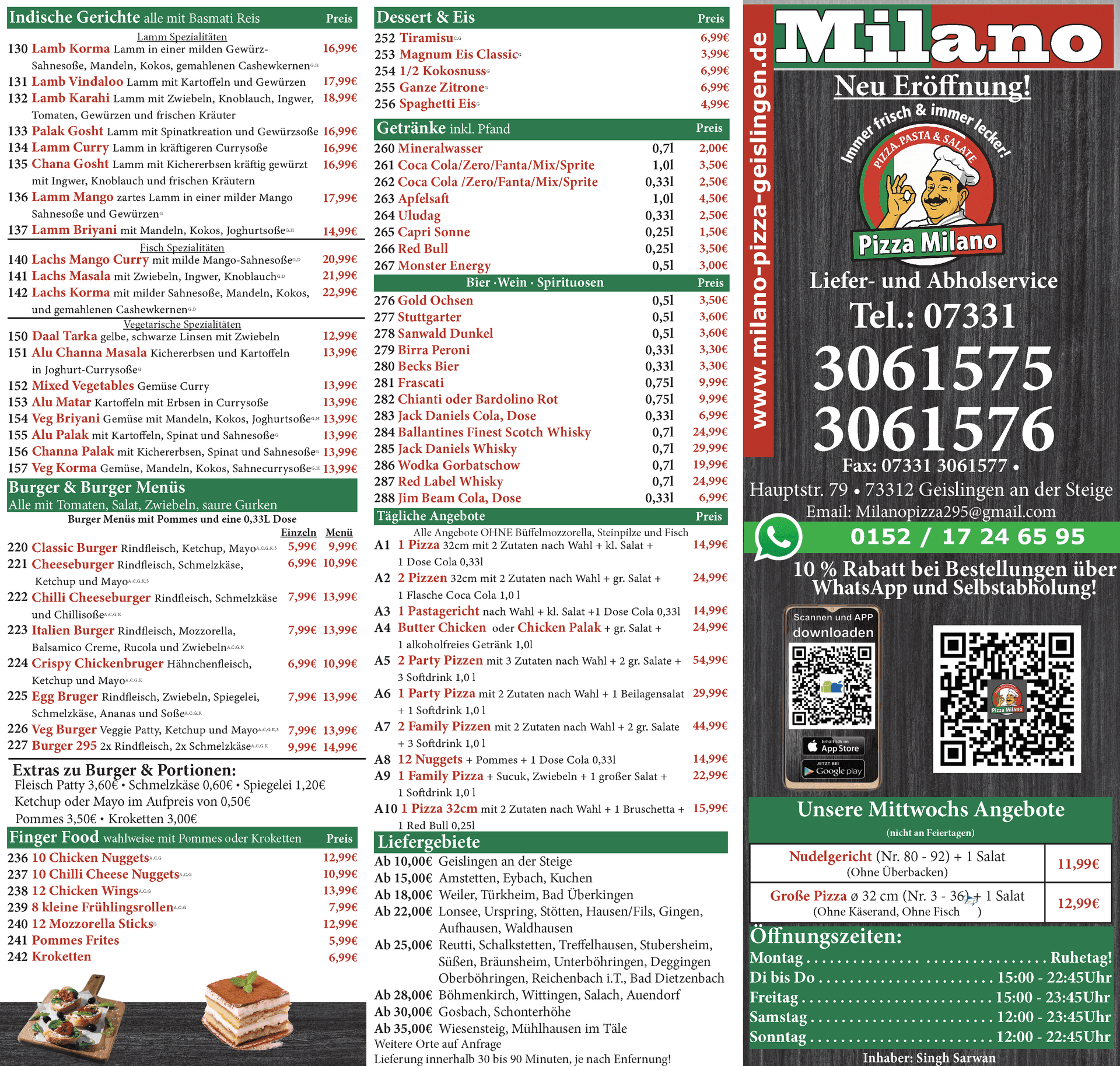 Milano Pizza A3 Speisekarte Juni 2025 Vorderseite