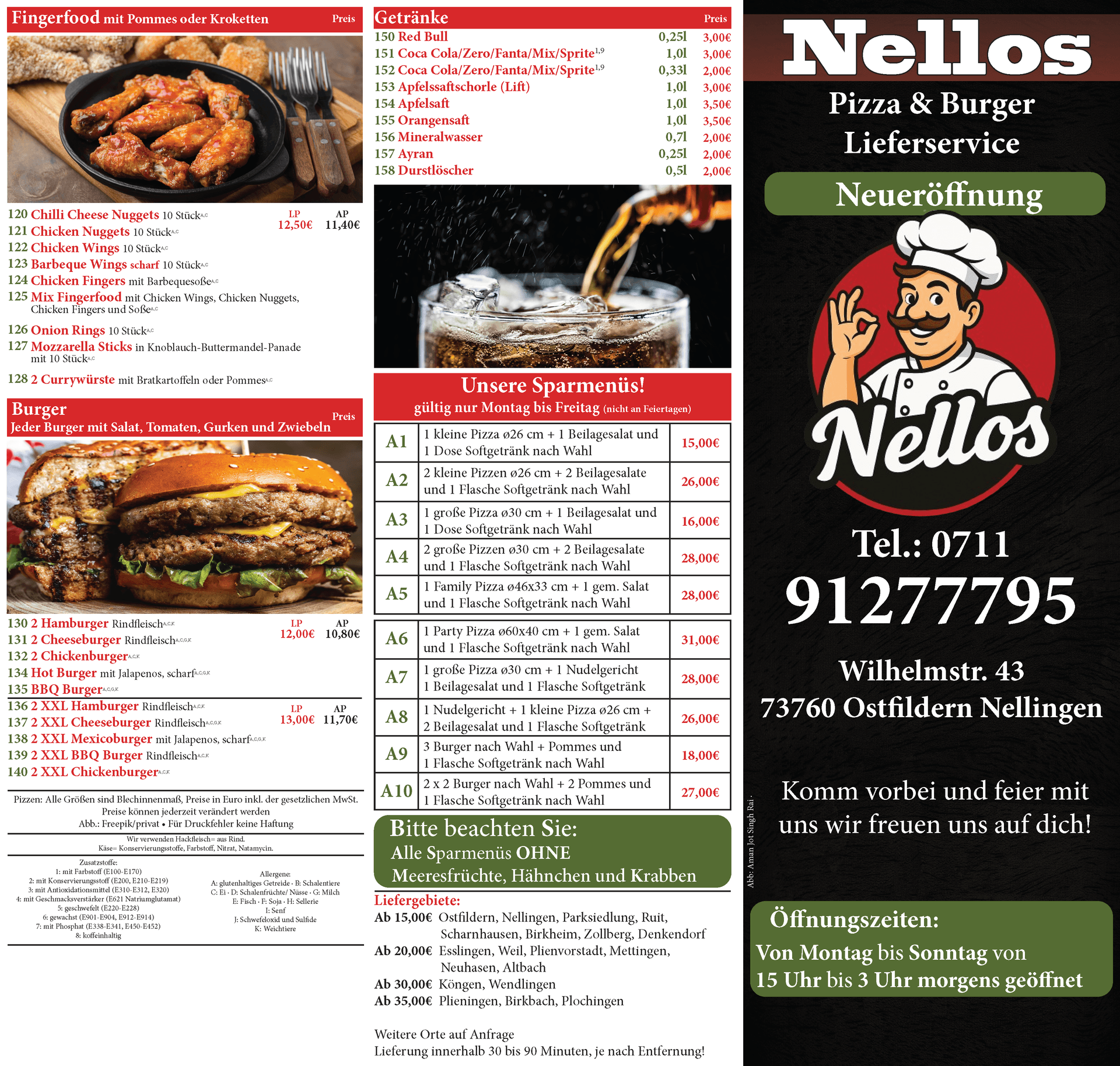 Nello's Pizza A3 Speisekarte November 2025 Vorderseite