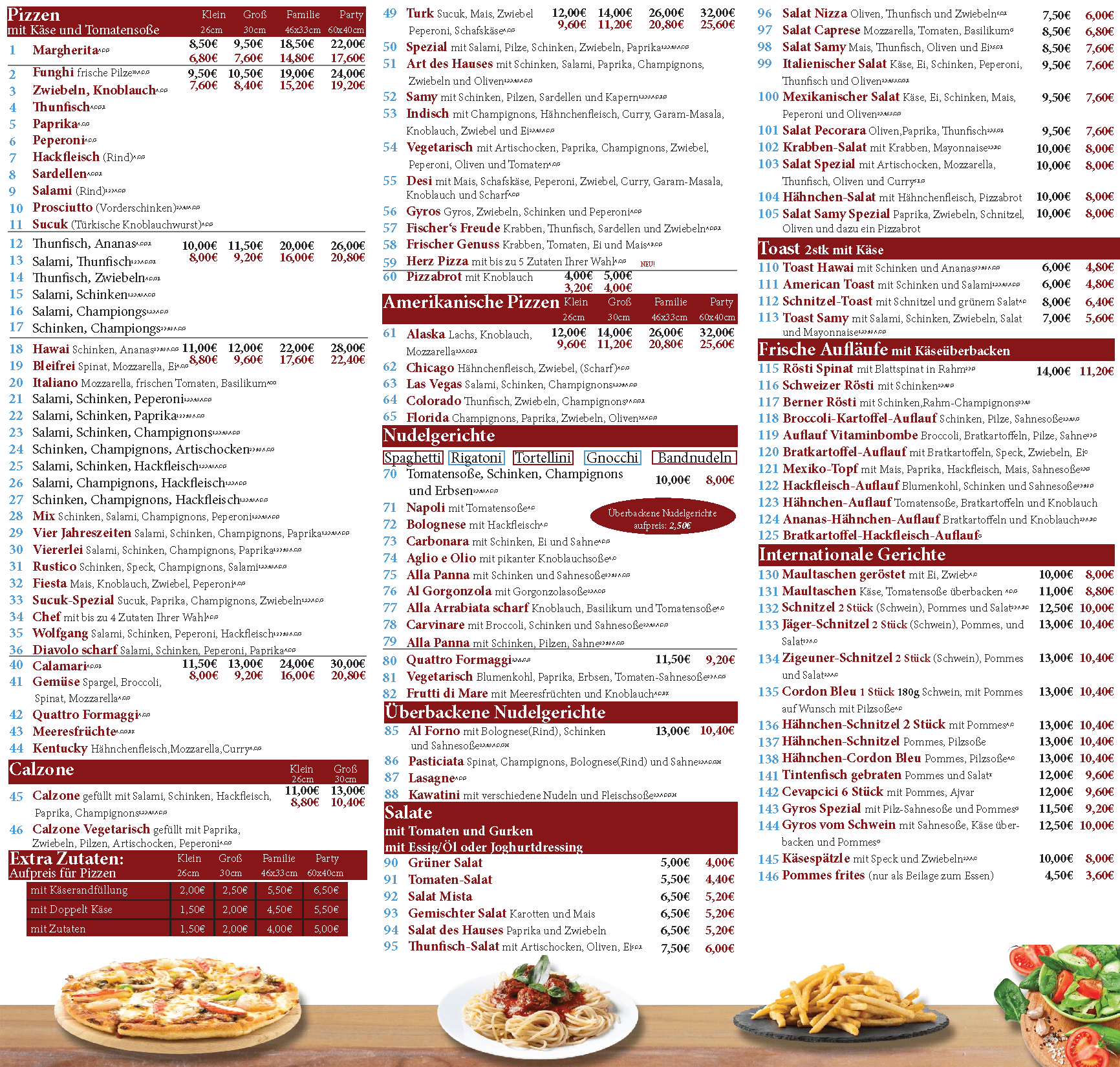 Samy Pizza, A3 Speisekarte